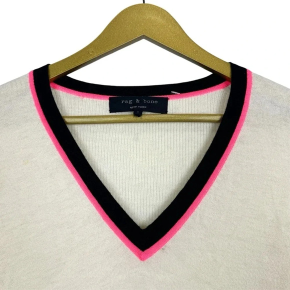 Rag & Bone Cashmere Wool Cream V-Neck Sweater Small Striped Neon Pink Black Neck - Picture 2 of 7
